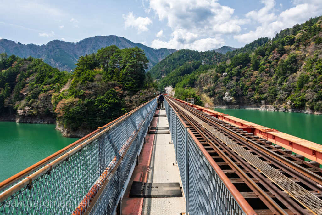奥大井レインボーブリッジの上を奥大井湖上駅に向かって真っすぐ歩く