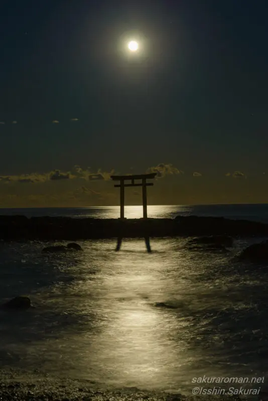 大洗磯前神社の神磯の鳥居。高く昇った満月が海に光の道を描き、まるで神様の通り道のように見える幻想的な風景