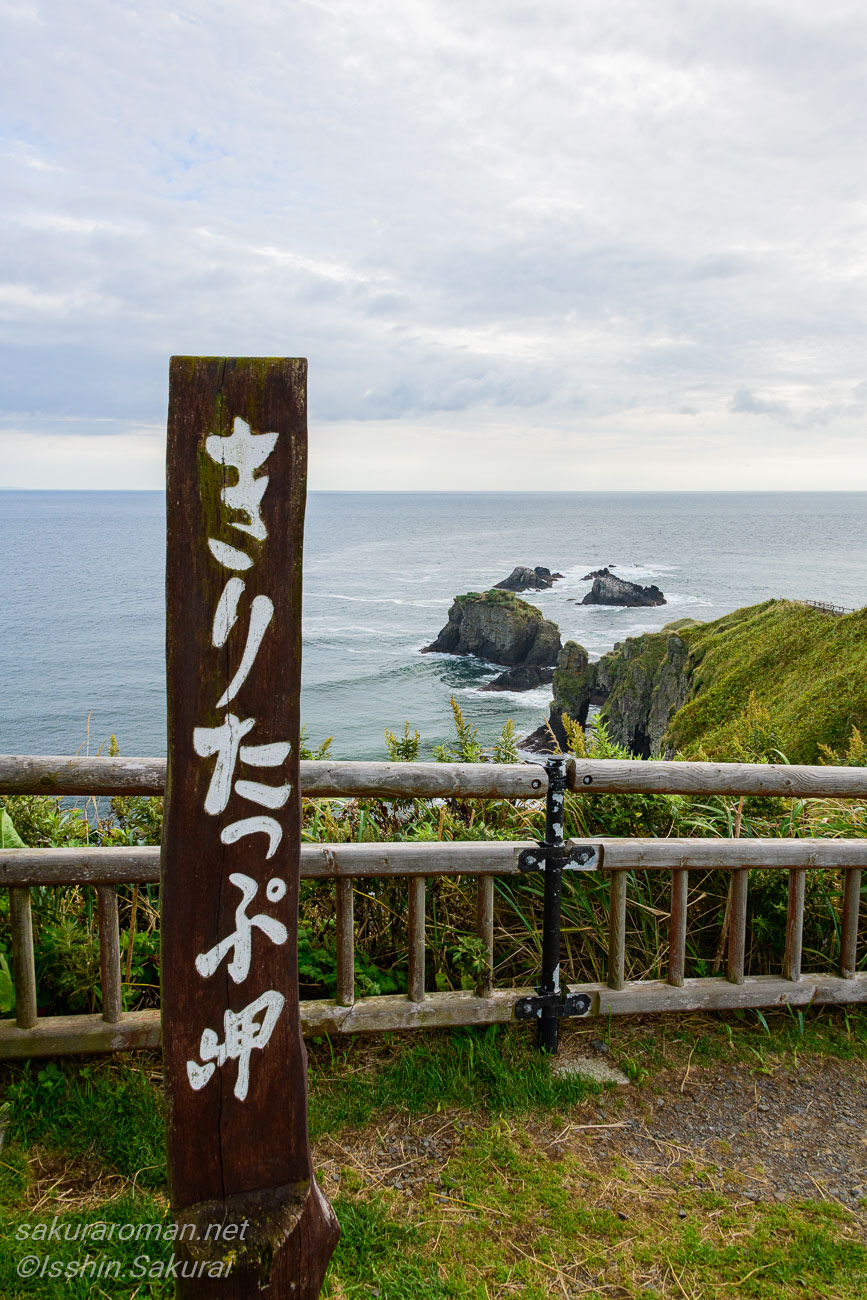 現在の霧多布岬の標柱と太平洋に突き出した岩礁の風景