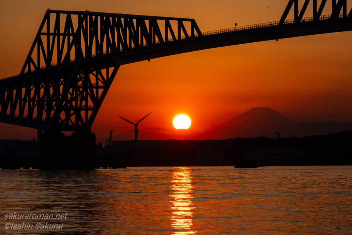 東京ゲートブリッジのシルエット越しに沈む夕日と富士山