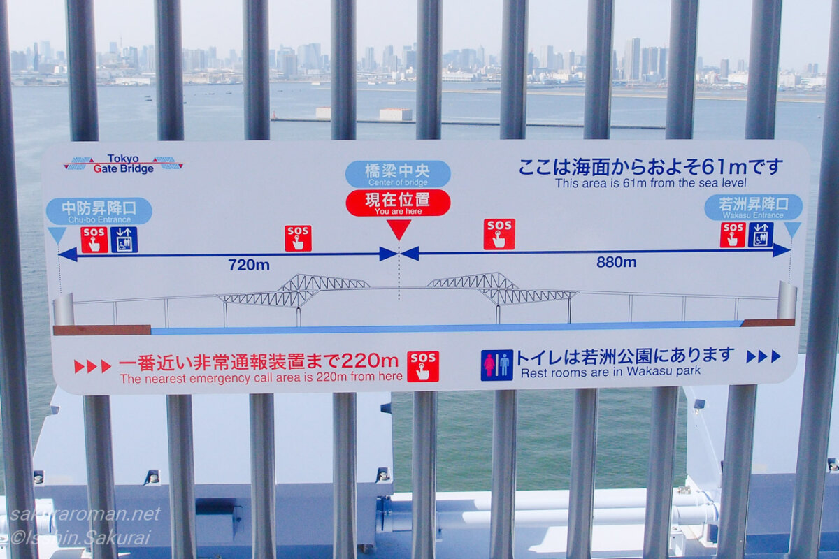 東京ゲートブリッジ歩道の案内板と若洲昇降口・中防昇降口までの距離表示